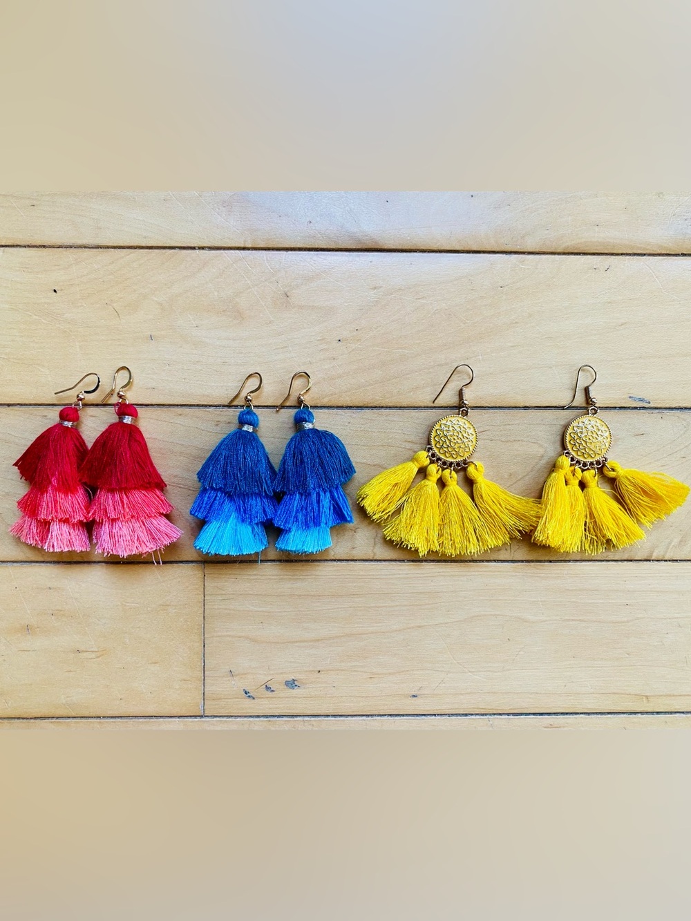 Amazon Colorful Tiered Tassel Earrings - Red, Blue, Yellow